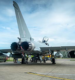 RAF Typhoon on apron being prepared for flight