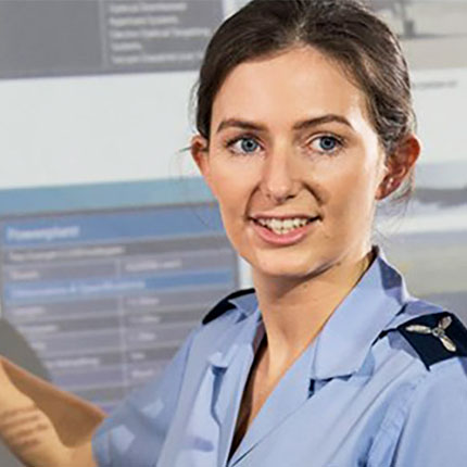 RAF Intelligence Analyst presenting aircraft intelligence on projected screen