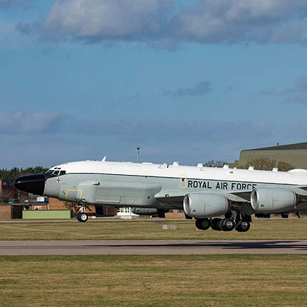 RAF Rivet Joint aircraft landing on runway at RAF Waddington