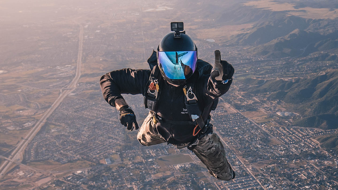 RAF Aviator after exiting aircraft on recreational free-fall parachute jump